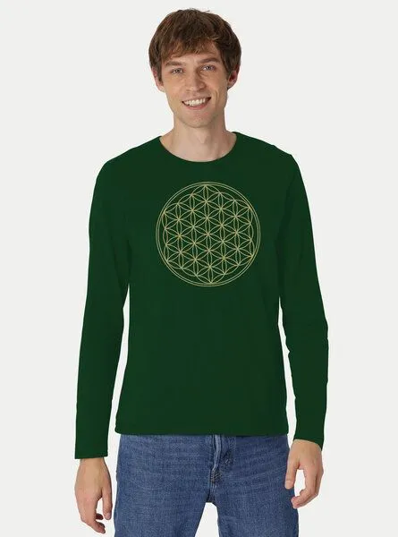 Peaces.bio - handbedruckte Biomode Peaces.bio - handbedruckte Biomode Bio-Herren-Langarmshirt "Die Blume des Lebens", Flaschengrün, – Produktbild 2 von 2