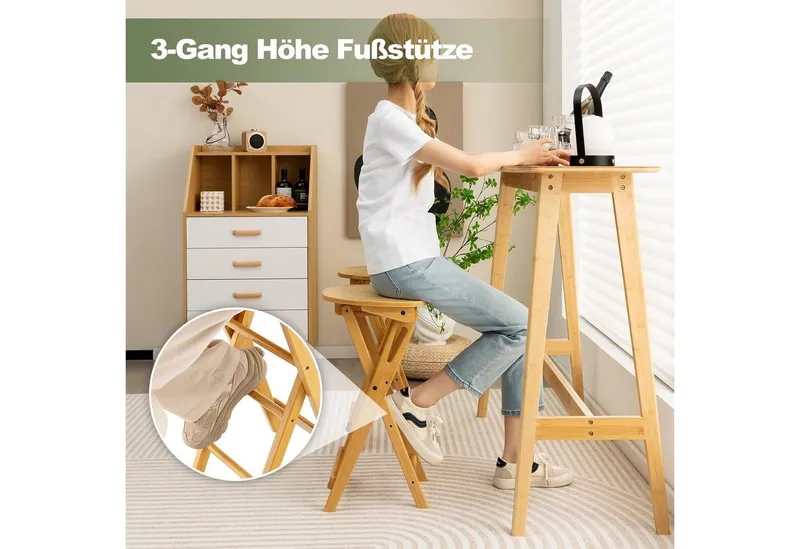 KOMFOTTEU Barhocker Barstuhl (2er Set), Klapphocker aus Bambus, bis 150kg Belastbar, Beige, – Produktbild 5 von 5