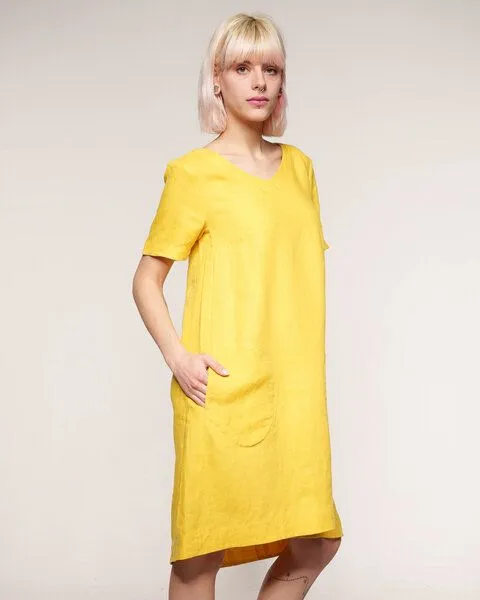 Alma & Lovis Alma & Lovis Legeres Kleid mit V-Ausschnitt aus reinem Leinen | Linen V-Neck Dress, Sun (gelb), – Produktbild 1 von 4