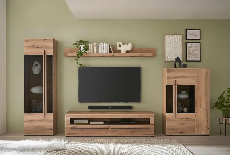 Home affaire Wohnwand Cantara, Anbauwand, Wohnzimmer-Set, in Eiche Evoke, Weiß oder Kaschmir, (Set, 4-St), enthält zwei Vitrinen, ein Lowboard und ein Wandboard, Braun, – Produktbild 5 von 8