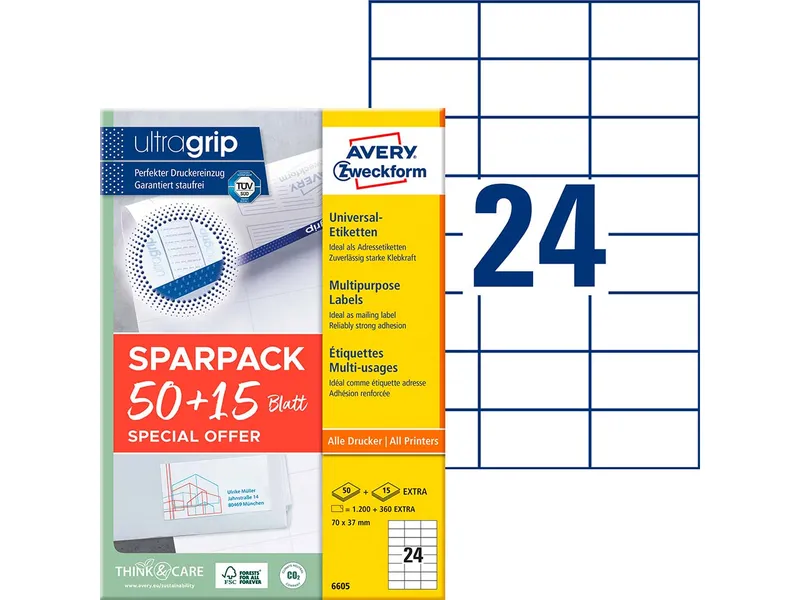 Avery Zweckform Avery Zweckform 1.560 Universaletiketten "6605" 50+15 Blatt, 70 x 37 mm – Produktbild 2 von 3