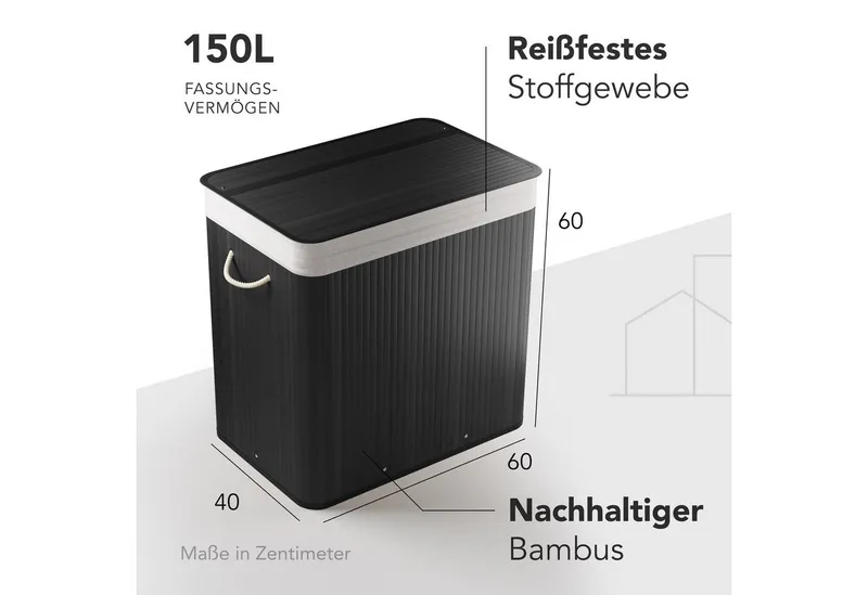 NewHabitat Wäschekorb Bambus Wäschekorb 3 Fächer, 150L Wäschesammler mit Deckel & Sack, Schwarz, – Produktbild 2 von 5