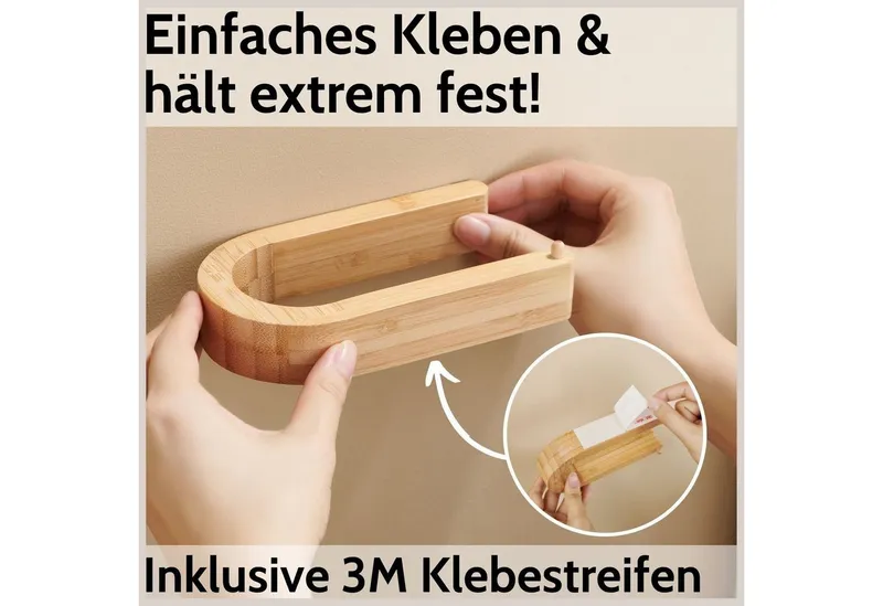 DEKAZIA Toilettenpapierhalter ohne Bohren aus FSC®-zertifiziertem Bambus, selbstklebend (Klopapierhalter Klorollenhalter WC Papier Halterung, WC Papier Halterung), Bambus Holz, ohne Bohren, WC-Rollenhalter – Produktbild 2 von 5