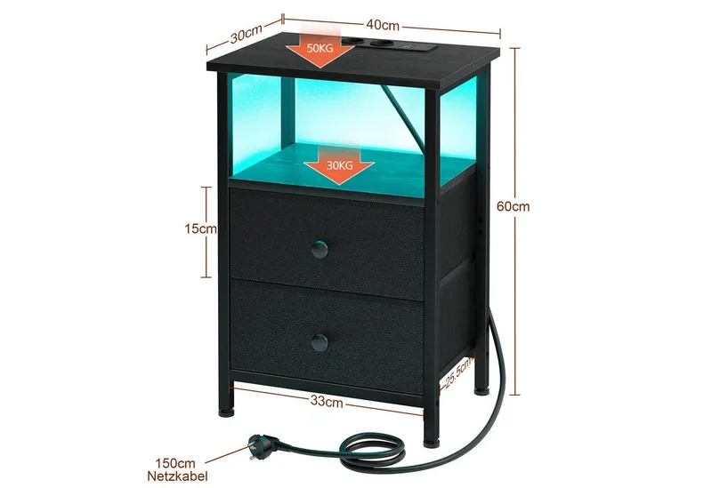 AMHANCIBLE Nachttisch 2er-Set mit integrierter Ladestation, LED-Beleuchtung & 2 Schubladen (2-St), multifunktionaler Beistelltisch mit offenem Fach, 40x30x60cm, Schwarz, – Produktbild 2 von 4