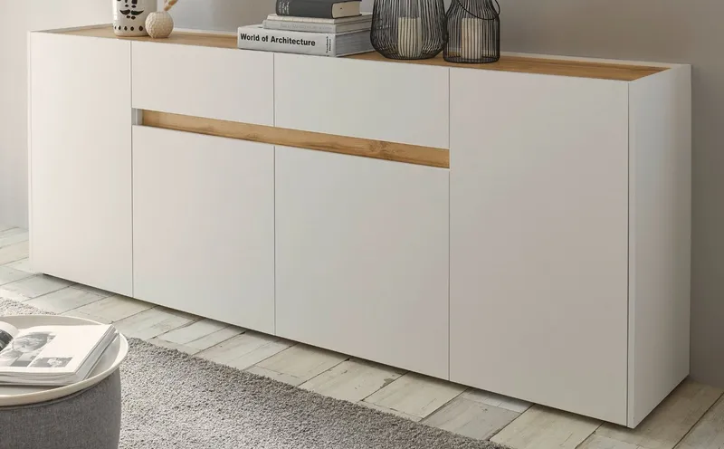 Furn.Design Sideboard Center (Anrichte in weiß mit Wotan Eiche, 220 x 87 cm), 4-türig 2 Schubladen, Weiß, – Produktbild 2 von 5