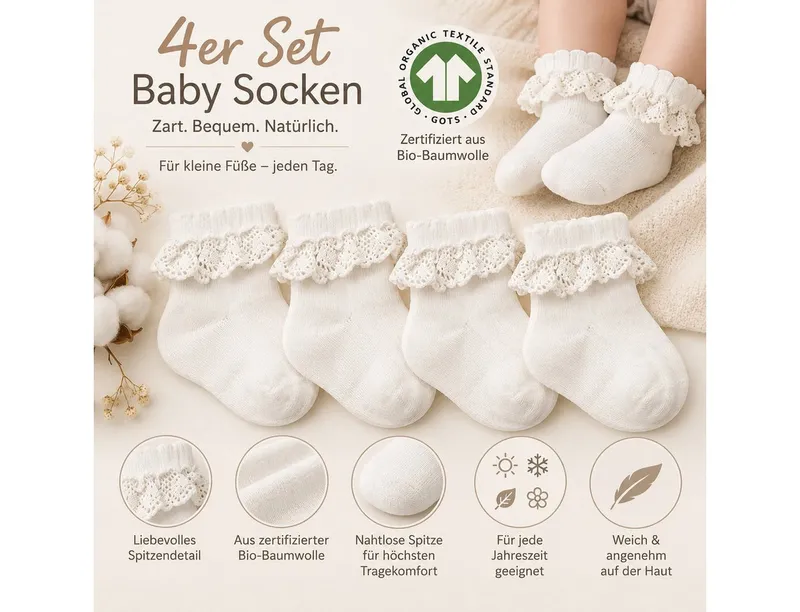 bistyle bistyle Kurzsocken Baby Socken mit Spitze, Bio-Baumwolle, Nahtlose Zehen, 4er Pack (4er Pack), Weiß, – Produktbild 3 von 5