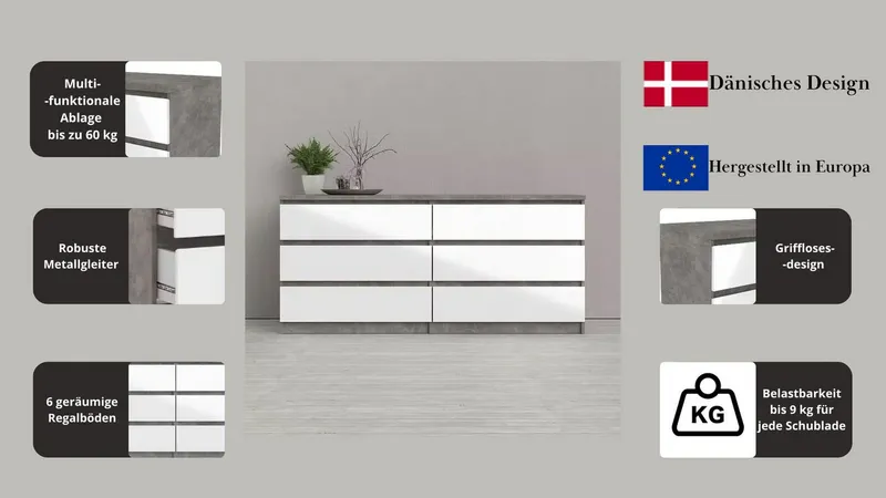 Home affaire Kommode Naia - 6 Schubladen & grifflose Front, Made in Denmark (Breite: 158 cm), Viel Stauraum mit griffloser Front, in mehreren Farben, Grau, – Produktbild 3 von 5