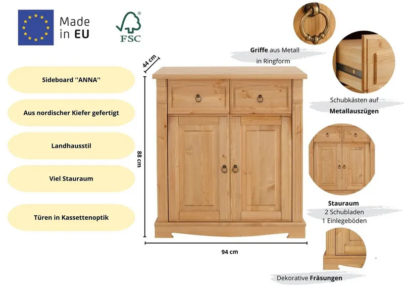 OTTO home Kommode Anna, Sideboard, Anrichte, Stauraumschrank (B/T/H: 94/40/88 cm), aus massiver Kiefer, Breite 94 cm, mit Kassettenoptik, FSC®, Beige, – Produktbild 1 von 5