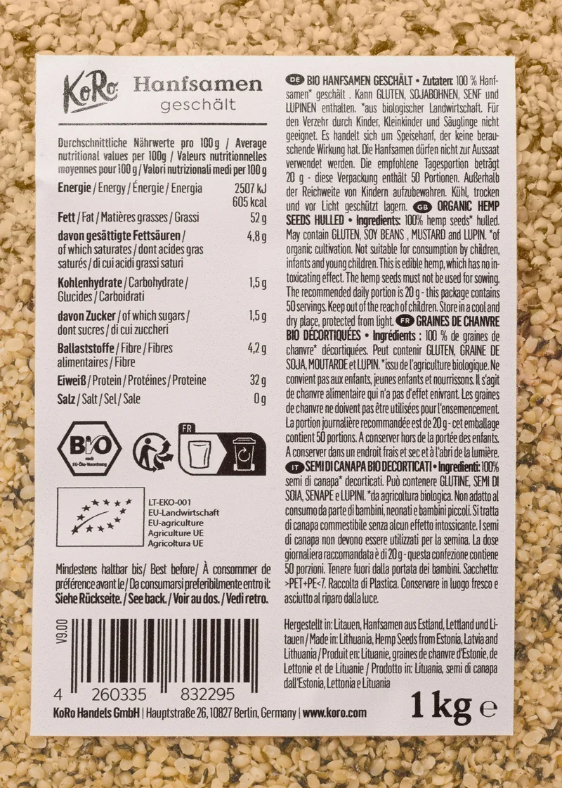 KoRo Geschälte Bio Hanfsamen 1 kg – Produktbild 4 von 5