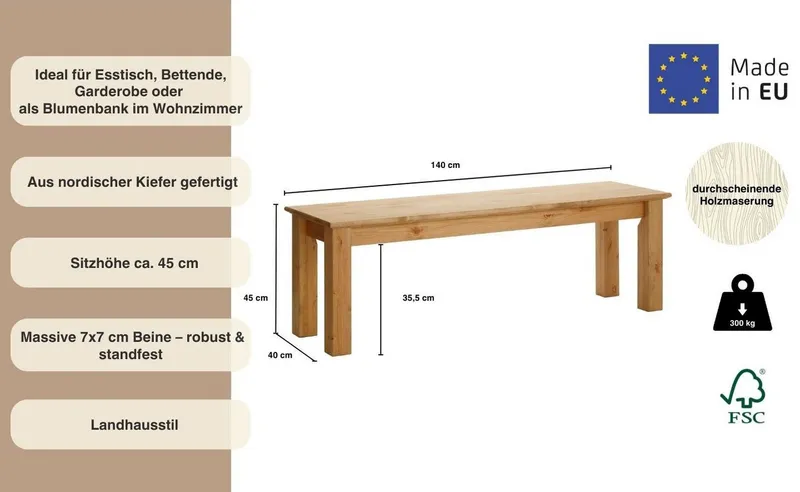 OTTO home Sitzbank Konrad, Bank, Breite 120/140/160 cm, aus massiver, FSC®-zertifizierter Kiefer, Beige, – Produktbild 3 von 8