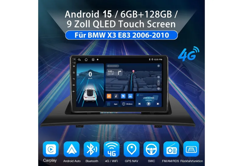 ESSGOO DAB+ Für BMW X3 E83 2004-2012 Carplay 9" Autoradio 6+128G Android 15 Autoradio (6GB+128GB, RDS, 4G LTE, Digitalradio (DAB), FM, SWC, Carplay Android Auto Bluetooth EQ USB GPS Navi WIFI Touchscreen), Schwarz, – Produktbild 2 von 5