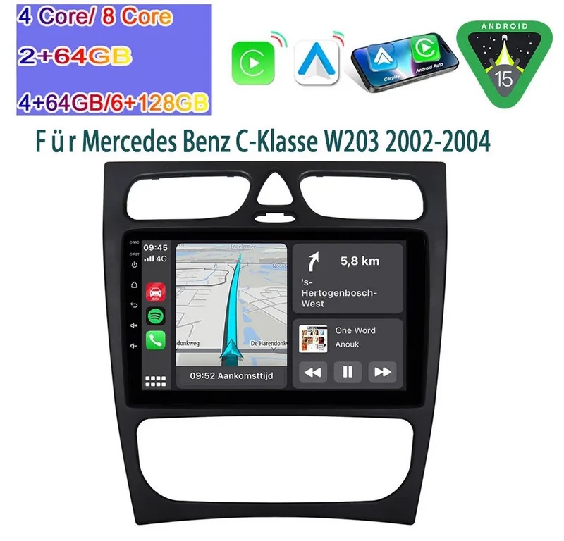 A-Sure Autoradio Android 15 Carplay Für Mercedes Benz C-Klasse W203 W209 Autoradio (Digitalradio (DAB), FM, AM), 1, – Produktbild 2 von 5
