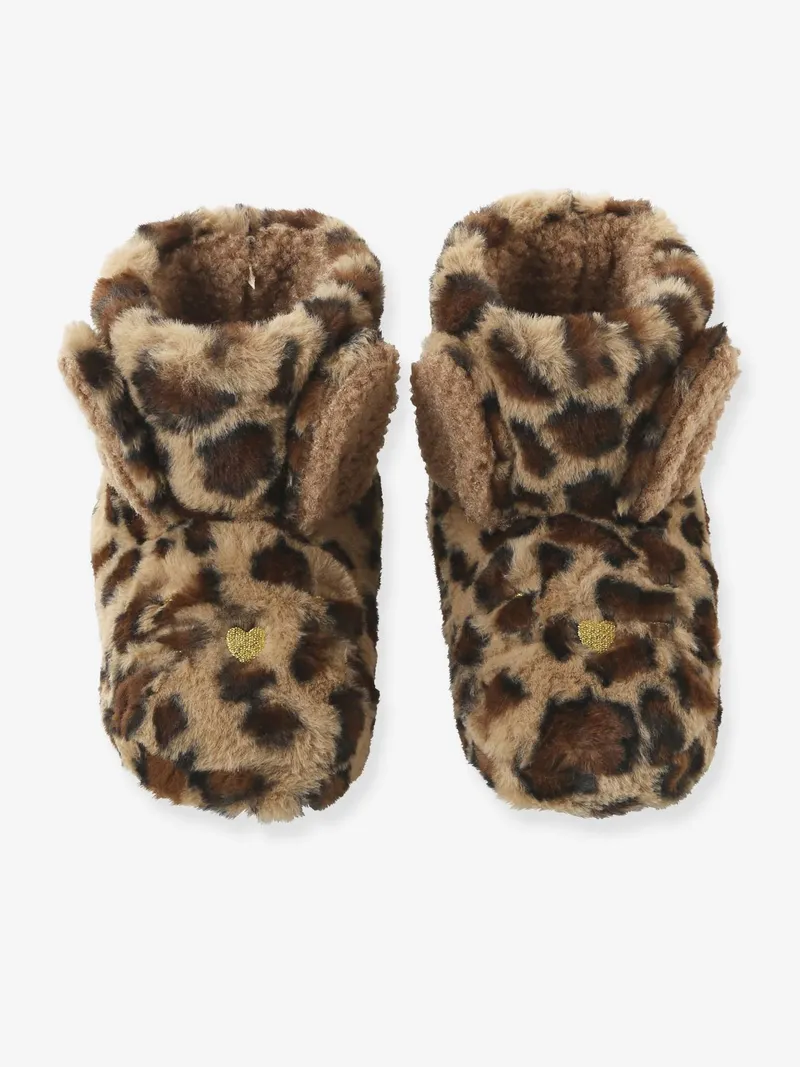 Vertbaudet Hohe Mädchen Plüsch-Hausschuhe leo, Beige leo, – Produktbild 2 von 4
