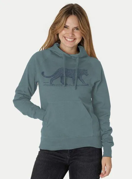 Peaces.bio - handbedruckte Biomode Peaces.bio - handbedruckte Biomode Bio-Damen-Kapuzensweater Leopard, Blaugrün, – Produktbild 1 von 1