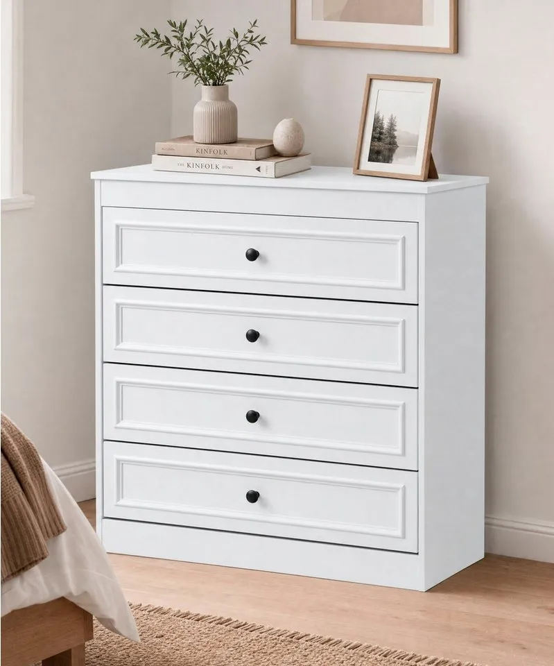OTTO home Schubkastenkommode Arrian Landhaus Kommode Weiß, Schubladenkommode (mit 4 Schubladen für Schlafzimmer und Flur, FSC Zertifiziert), Vielseitig als Schlafzimmer- oder Flurkommode nutzbar, Weiß, – Produktbild 2 von 5