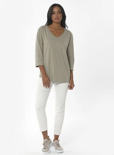 ORGANICATION ORGANICATION Gestreiftes 3/4-Arm Shirt aus Bio-Baumwolle und Leinen, Grün(olive), – Produktbild 2 von 4