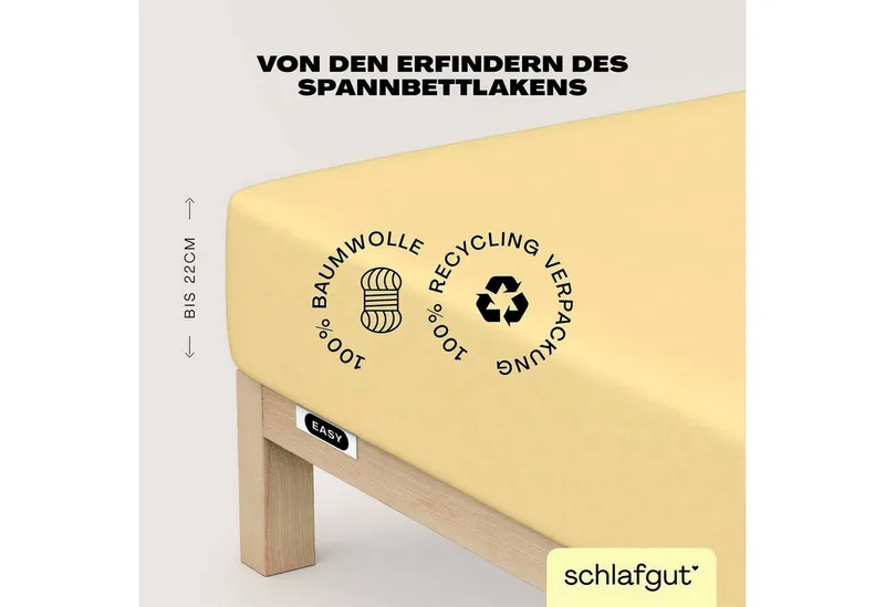 Schlafgut Schlafgut Spannbettlaken EASY JERSEY Bettlaken, 150 g/m², 100% Baumwolle, Spannbetttuch, Jersey, Gummizug: rundum, (1 Stück), Spannbettlaken bis 22 cm Höhe, bügelfrei, pflegeleicht, perfekter Sitz, Gelb, – Produktbild 2 von 5
