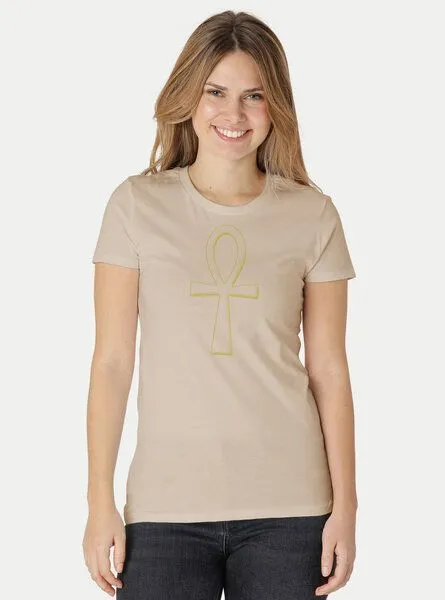 Peaces.bio - handbedruckte Biomode Peaces.bio - handbedruckte Biomode Damen Fit T-Shirt Ankh, Sand, – Produktbild 2 von 2