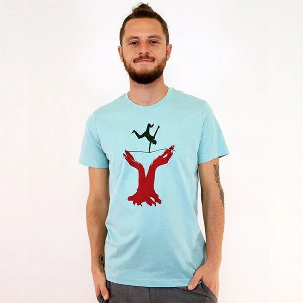 Spangeltangel Spangeltangel T-Shirt "Slackline", Herrenshirt, bedruckt, Siebdruck, Bio-Baumwolle, Hellblau, – Produktbild 1 von 3