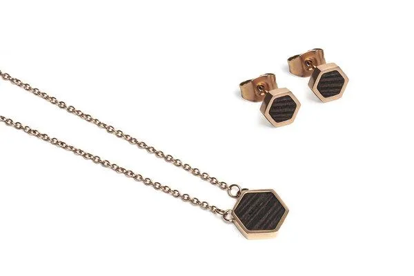 BeWooden BeWooden Hexagon Set - Ohringe + Kette mit Anhänger, Rose, – Produktbild 1 von 4
