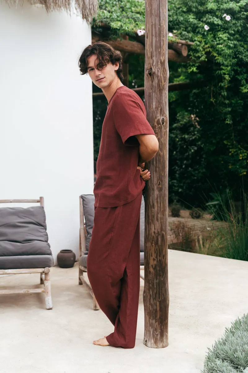 AmourLinen AmourLinen Herren vegan Set Pyjama Kurzarm Leo Terracotta, Braun, – Produktbild 1 von 2