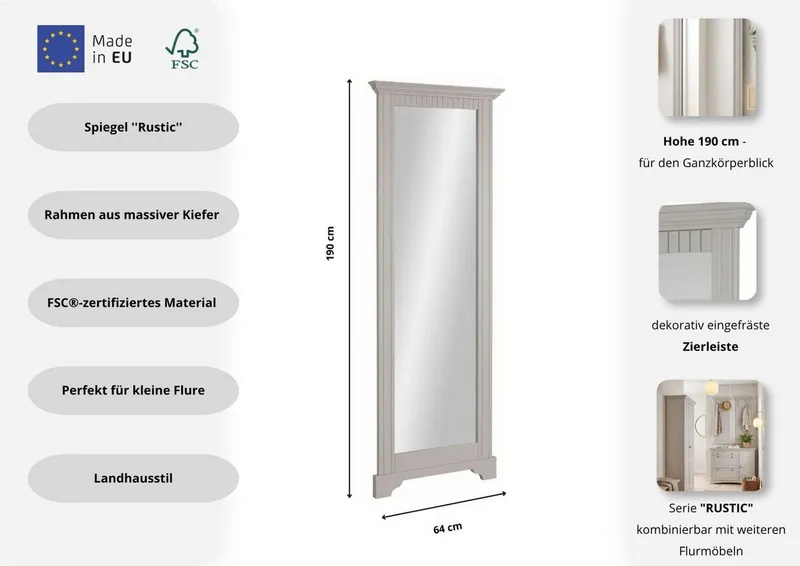 OTTO home Spiegel Rustic, Garderobenspiegel, Landhausstil, Rahmen in Kiefer massiv, Höhe 190 cm, mit Zierfräsungen, Beige, – Produktbild 1 von 8