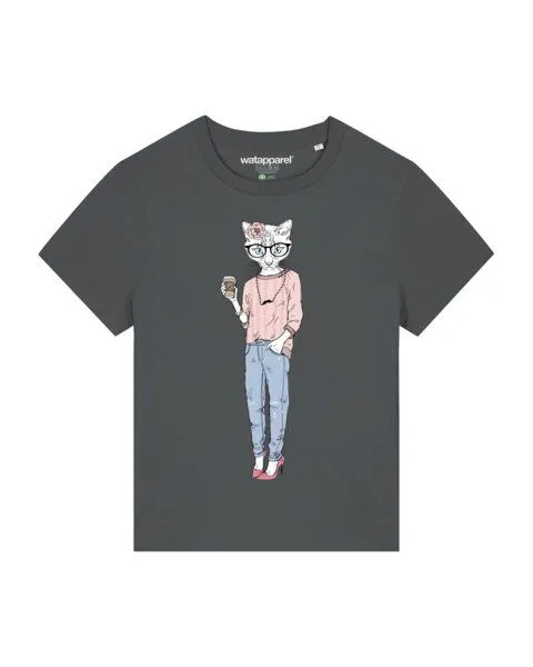 watapparel watapparel T-Shirt Frauen Hipster Cat with Moustache, Anthracite, – Produktbild 1 von 3