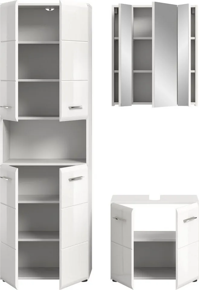 welltime Badmöbel-Set FLORENZ, 3-teilige Badkombination, hochwertige MDF-Front, (Set, best. aus: 1 Hochschrank, 1Waschbeckenunterschrank, 1 Spiegelschrank), Bad-Kombination, Bad-Möbel, Badezimmer, Kombination, Kombi, Weiß, – Produktbild 5 von 5