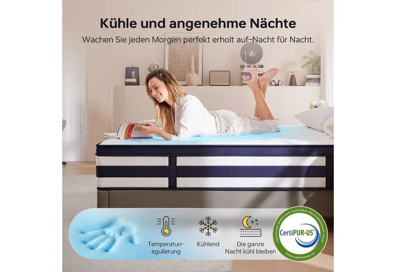 Federkernmatratze Pajamoon Matratze, Waldluft Taschenfederkern & Kaltschaum Matratze, Pajamoon, 28 cm hoch, Mittelfest, Atmungsaktiver Tencel Bezug, 90×200cm – Produktbild 4 von 5