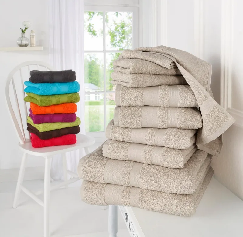 OTTO home Handtuch Set Vanessa, 10-tlg Handtuch-Set, weich, in Standard- und Premium-Qualität, Walkfrottee (Set, 10-St), 100% Baumwolle, Duschtücher, Handtücher, Gästetücher, mit Bordüre, Beige, – Produktbild 1 von 8