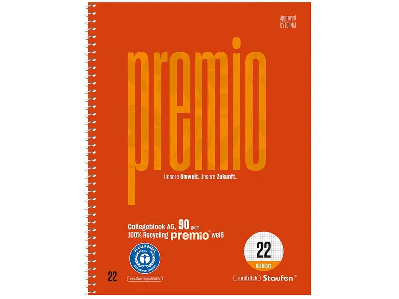 Staufen Staufen "Premio" Collegeblock DIN A5 kariert, 80 Blatt, 90 g/m², Lineatur 22 – Produktbild 1 von 1