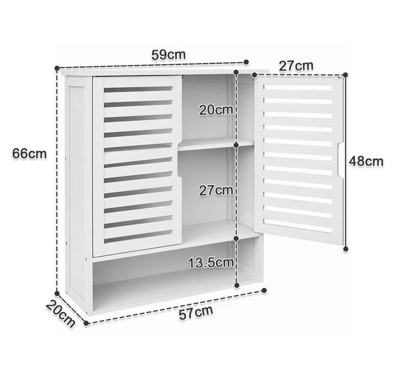 JEOBEST Hängeschrank Badschrank, Bambus Badezimmerschrank, Wandregal (1-St) Platzsparend, Wandschrank mit Doppeltüren, Weiß, – Produktbild 5 von 5