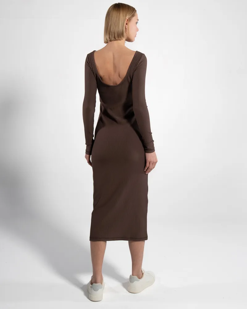 GORG GORG Damen vegan Kleid Langärmelig Gerippt Mokka Braun, Braun, – Produktbild 1 von 2