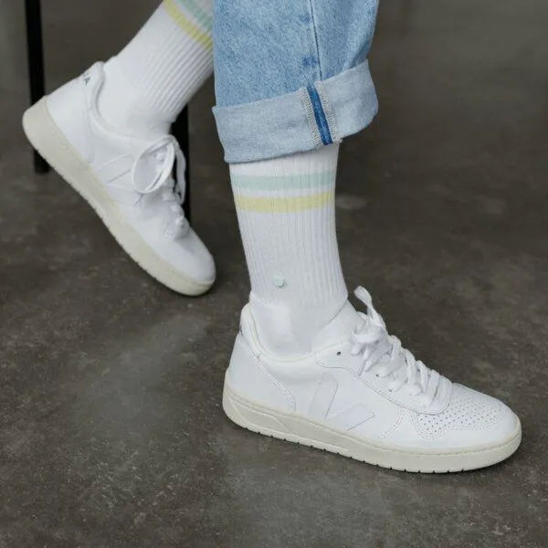 wysf. | what you stand for. wysf. | what you stand for. Retro Tennissocken mit Knopf, Bio-Baumwoll-Mix, Weiss (weiß/mintgrün/gelb), – Produktbild 1 von 4