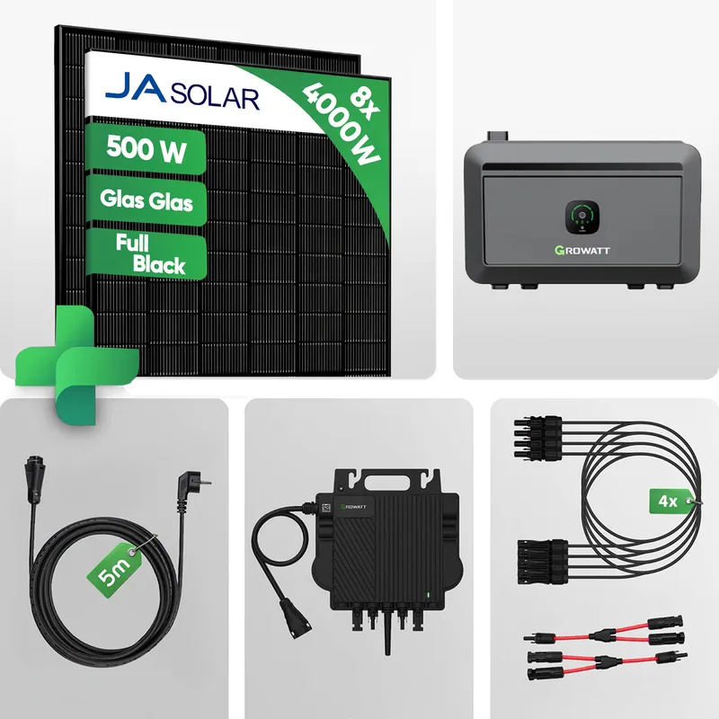 Growatt 4000W Balkonkraftwerk mit Speicher 2kW NEXA 2000 All-in-One System - JA Solar 500W Full Black Bifacial – Produktbild 1 von 8