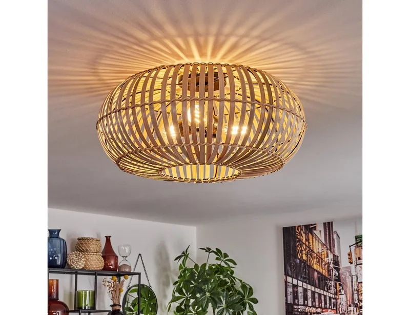 hofstein Deckenleuchte moderne Deckenlampe aus Metall/Bambus in Schwarz/Natur, ohne Leuchtmittel, Deckenleuchte mit Lichteffekt, Ø 51 cm, 3 x E27, ohne Leuchtmittel, Beige|schwarz, – Produktbild 1 von 5