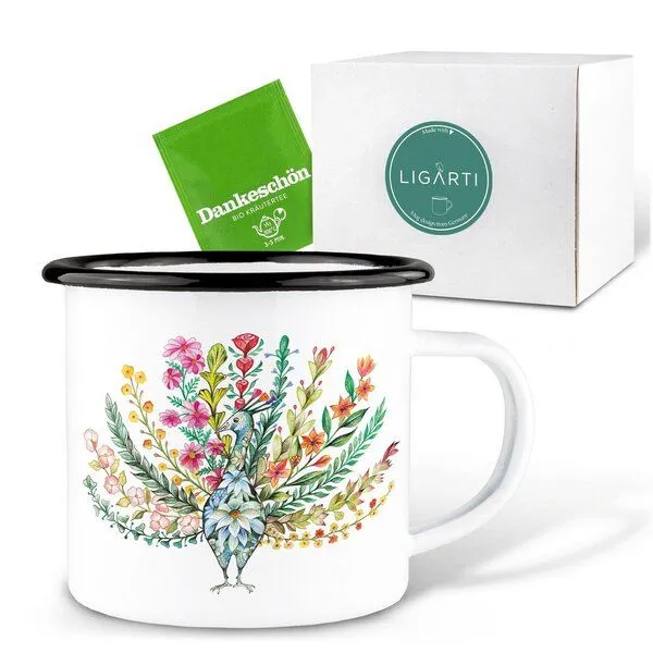 LIGARTI Emaille Tasse – Blumenpfau – LIGARTI Tiermanufaktur – Produktbild 3 von 4