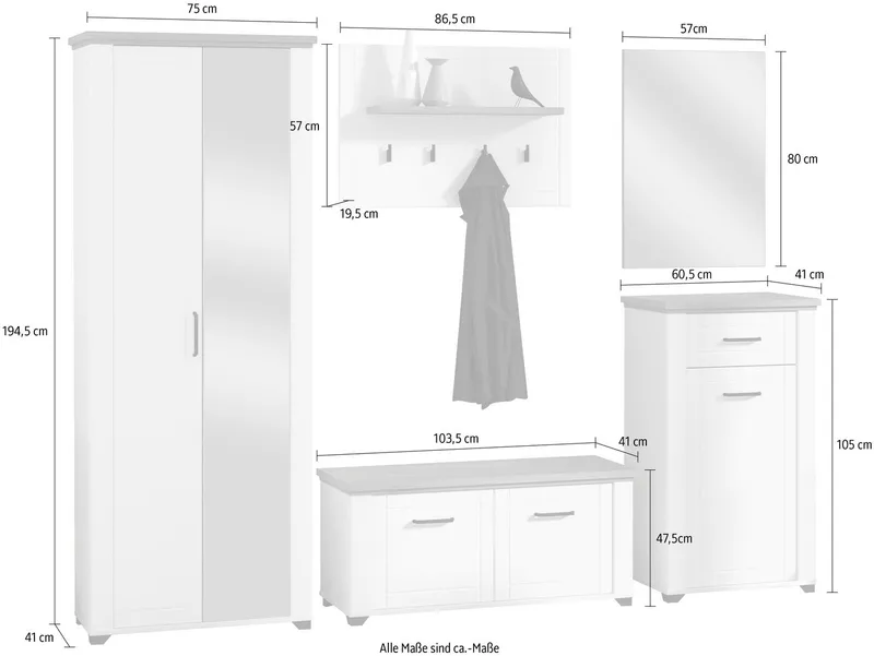 Home affaire Garderoben-Set Valencia 5-teiliges Set mit Spiegel und Kleiderhaken, (Set, 5-St., Garderobenschrank, Schuhkommode, Schuhbank, Garderobenpaneel, Spiegel), Weiß, – Produktbild 3 von 4