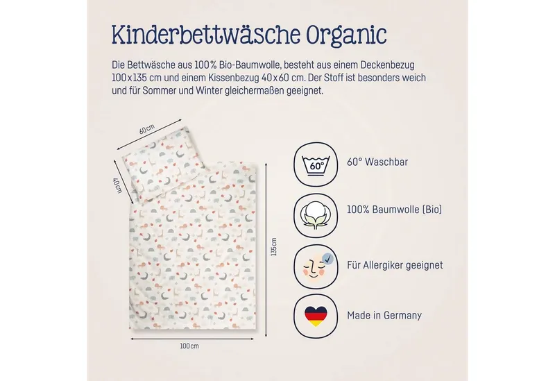 Julius Zöllner Julius Zöllner Kinderbettwäsche Baby- und Kinderbettwäsche aus 100% Bio-Baumwolle, Linon, 2 teilig, erhältlich in den Größen 80x80+35x40cm und 100x135+40x60cm – Produktbild 8 von 8