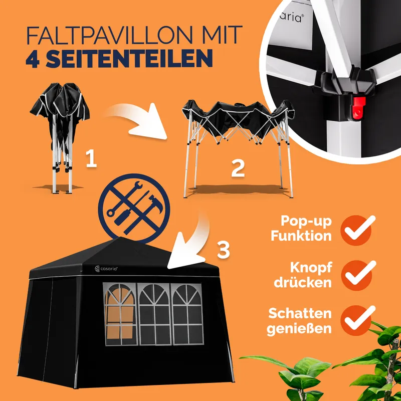 Casaria® Faltpavillon Capri Schwarz 3x3m inkl 4 Seitenwänden UV-Schutz 50+ – Produktbild 2 von 2
