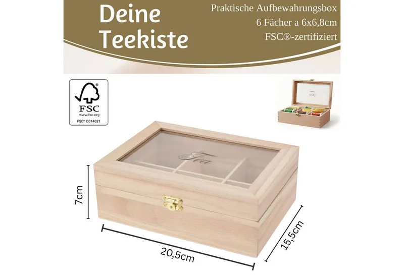 LS-LebenStil Teebox Holz Aufbewahrungsbox Teebox 6 Fächer mit Deckel für Teebeutel, Bambus, (Nachhaltige Teekiste Holzkiste Slogan Tea, 1-tlg., mit durchsichtigem Glas-Deckel Organizer Aufbewahrung für Tee), Braun, – Produktbild 2 von 5