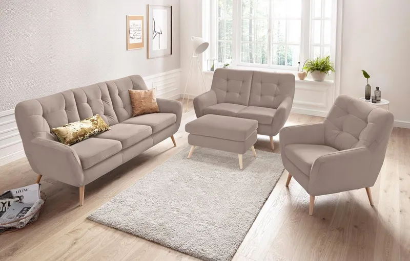 exxpo - sofa fashion Hocker Scandi bequem und elegant mit hohem Holzfuß, bequem und elegant mit hohem Holzfuß, Grau, – Produktbild 3 von 5