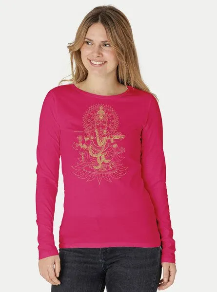 Peaces.bio - handbedruckte Biomode Peaces.bio - handbedruckte Biomode Bio-Damen-Langarmshirt Ganesha, Pink, – Produktbild 1 von 2
