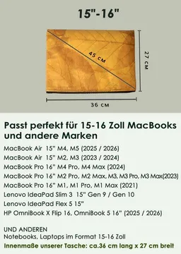BY COPALA BY COPALA Nachhaltige 15–16 Zoll Laptoptasche aus Teak-Blattleder | Gefütterte vegane Laptop Hülle / Laptop Sleeve, handgemacht & wasserabweisend – Unikat Schutzhülle für MacBook Pro/Air, Lenovo & HP in gelb – Produktbild 1 von 1