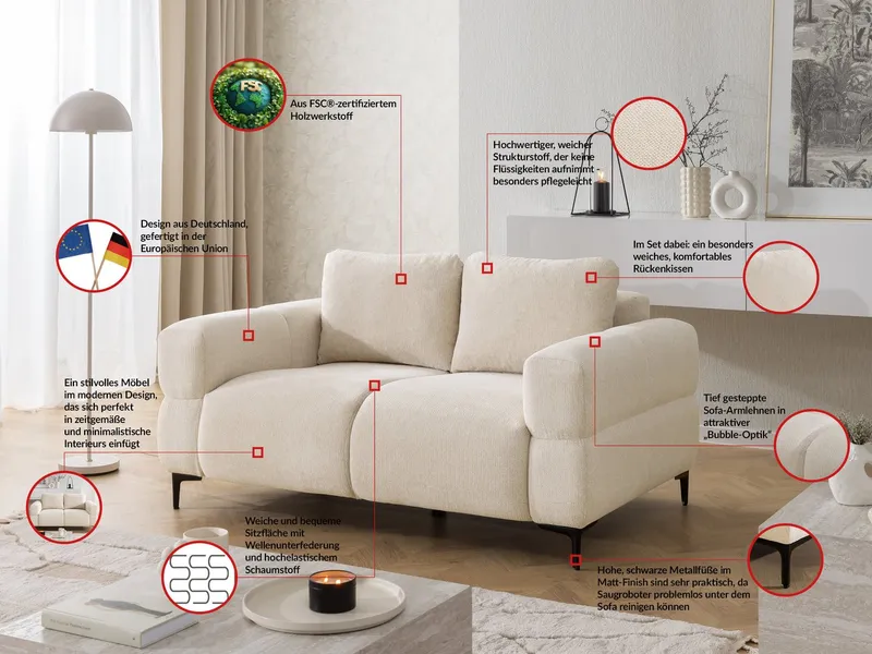 S-Style Möbel 2-Sitzer Sofa Cardea in Bubble-Optik aus weichem Strukturstoff, mit Wellenfederung und hohem Sitzkomfort, Beige, – Produktbild 3 von 5