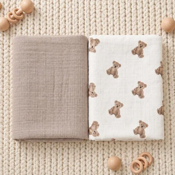 Bebekevi Bebekevi Spucktuch - Multitücher - Decke Müsselin 80 × 90 cm - 2er set - 100 % Baumwolle, Beige-bär, – Produktbild 1 von 3