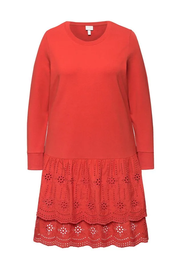 Ulla Popken Midikleid Sweatkleid Spitze Rundhals Langarm Biobaumwolle, Rot, – Produktbild 3 von 4