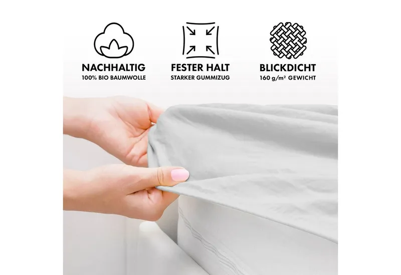 Jacobson Spannbettlaken BIO, Jersey Spannbetttuch, Bettlaken 160 g/m², 100% BIO-Baumwolle, Gummizug: rundum, Grau|silberfarben, – Produktbild 4 von 8