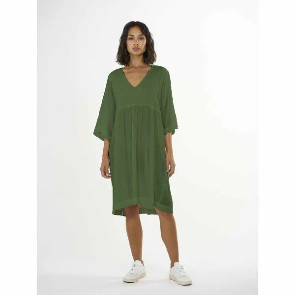 KnowledgeCotton Apparel KnowledgeCotton Apparel Midi Kleid - HEATHER cotton crepe A-shape dress - aus Bio-Baumwolle, Grün (burned olive), – Produktbild 1 von 3
