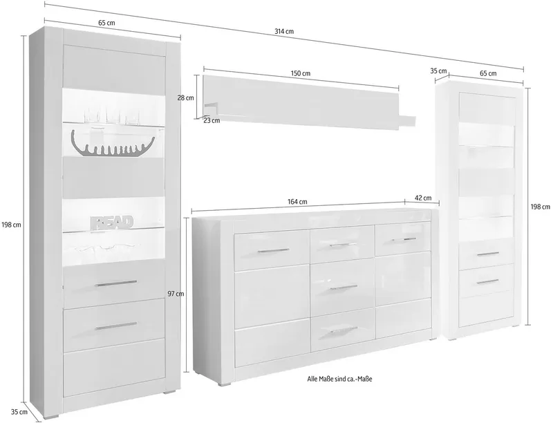 Home affaire Wohnwand Bianco, moderne Anbauwand, Komplettset, Wohnzimmer-Set, (Set, 4-St), enthält Vitrine, Sideboard und Wandboard, 314 cm breit, Weiß, – Produktbild 3 von 5